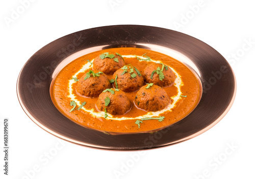 Aromatic, flavorful meatballs in a rich, creamy, tomato-based sauce are beautifully arranged on a copper-colored plate.