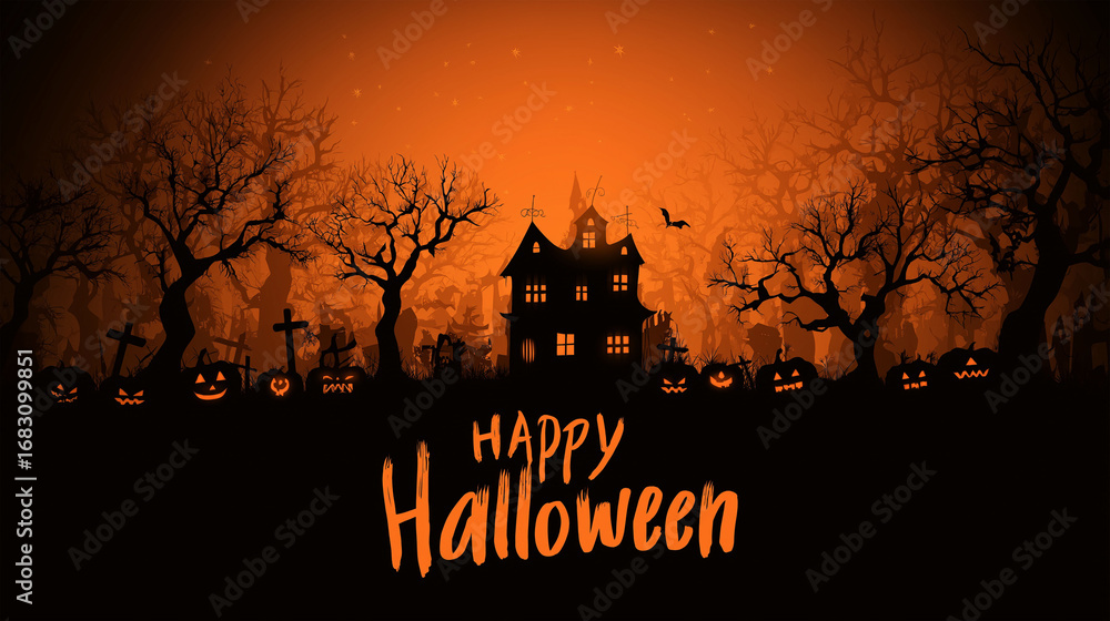 Naklejka premium Halloween Spooktacular: A haunting scene of a silhouette haunted house, surrounded by bare trees and glowing jack-o'-lanterns, creating an eerie atmosphere. Celebrate the spirit of All Hallows' Eve!