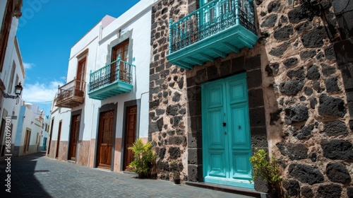 Charming european town alleyway with teal doors and balconies