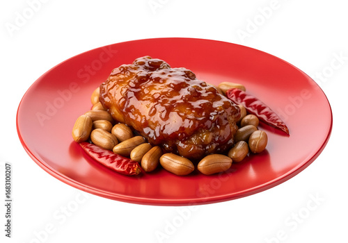 A glazed meat dish, garnished with peanuts and chili peppers, sits on a vibrant red plate.