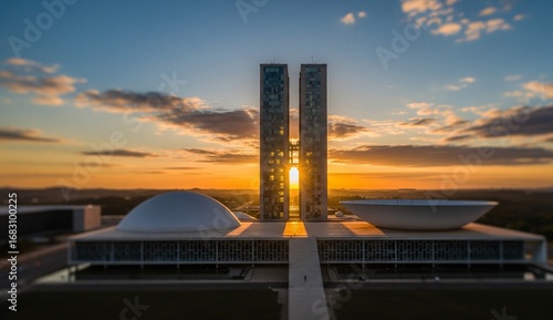 Brazilian congress building at sunrise with dramatic golden light reflecting on glass, photographed from drone aerial perspective.