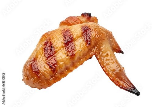 Close-up view of a single, perfectly grilled chicken wing, showcasing its golden-brown, caramelized exterior and appetizing texture.