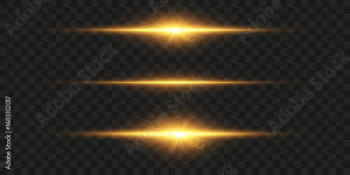Magic set of golden lines and star flashes. On a transparent background.