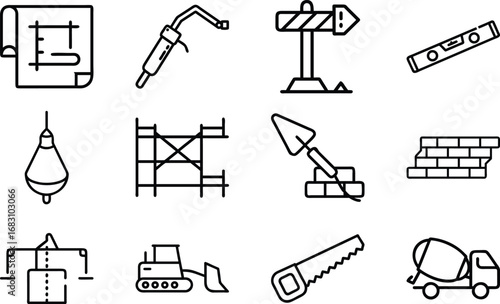 Construction tools and equipment icons blueprint plan level welding torch vector