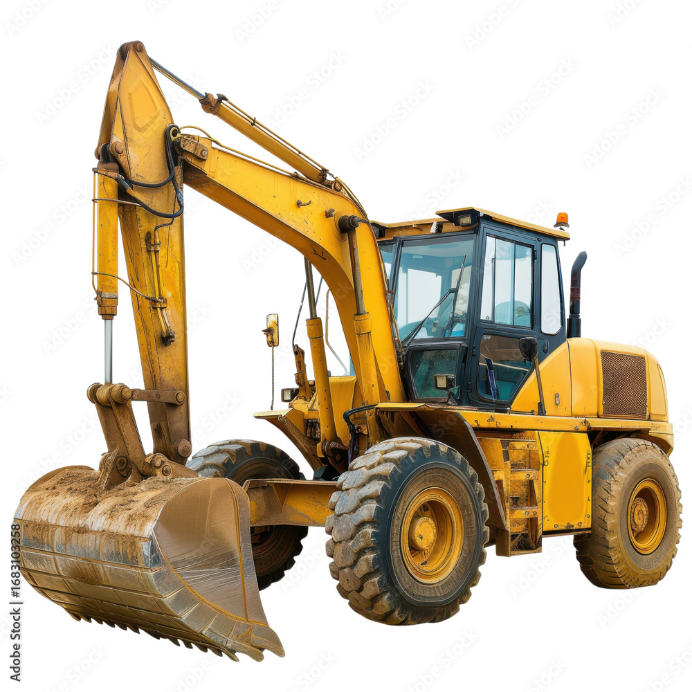 Fototapeta premium Powerful yellow excavator ready for construction work on a transparent background