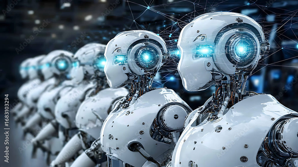 Fototapeta premium Row of Advanced Robots with Illuminated Eyes in a Futuristic Setting