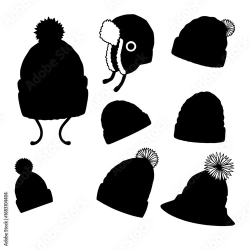 Doodle-style winter hats collection, 9 silhouettes in black, featuring beanies with folded cuffs, trapper hats with earflaps, knitted caps with cable patterns, kids’ hats with colorful pompoms, and ad