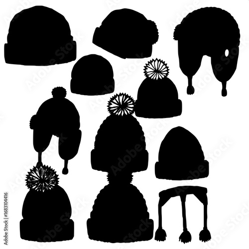 Doodle-style winter hats collection, 9 silhouettes in black, featuring beanies with folded cuffs, trapper hats with earflaps, knitted caps with cable patterns, kids’ hats with colorful pompoms, and ad