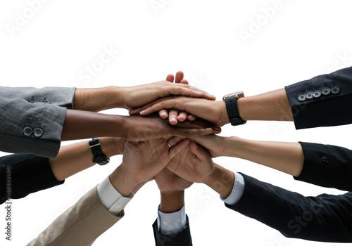 Diverse human hands in business attire huddle, interlocked on a transparent studio background, symbolizing teamwork, unity, and collaboration. Concept of diverse collaboration and collective