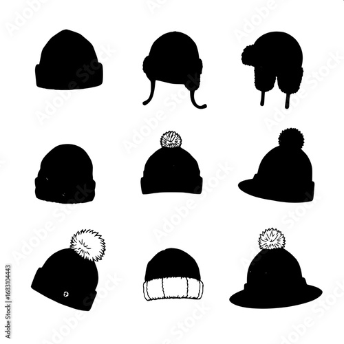 Doodle-style winter hats collection, 9 silhouettes in black, featuring beanies with folded cuffs, trapper hats with earflaps, knitted caps with cable patterns, kids’ hats with colorful pompoms, and ad