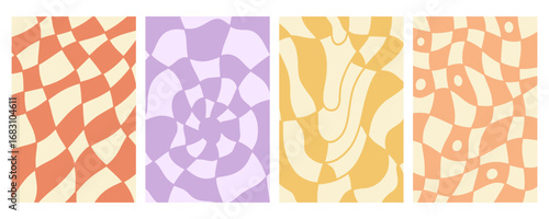 Distorted wavy checkered patterns background set