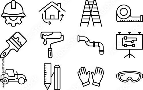 Construction and renovation tools and safety equipment icons vector 11