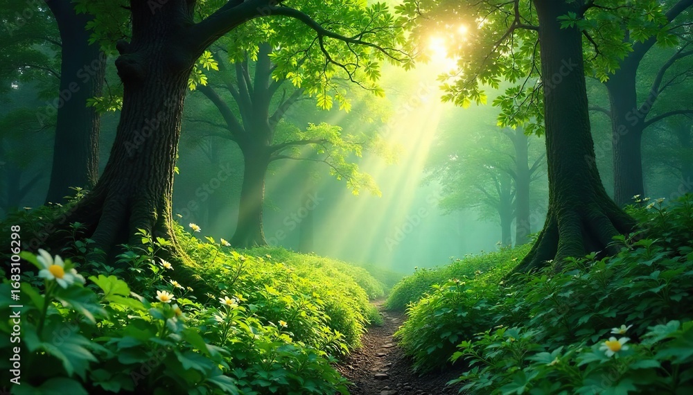 Obraz premium Lush green forest teeming with life, sunlight dappling through the canopy, creating a magical atmosphere Perfect for nature, environmental, and travel themes , summer, peaceful, background