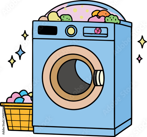 Clean clothes ready washing machine with circular door and laundry basket full of laundry illustration