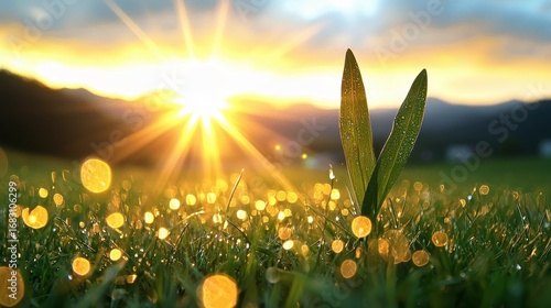 A breathtaking sunrise in the mountains, illuminating the meadow with golden bokeh and refreshing rays of sunlight.