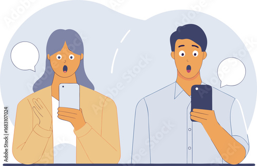 Shocked couple stunned by phone notifications expressing surprise and disbelief together illustration