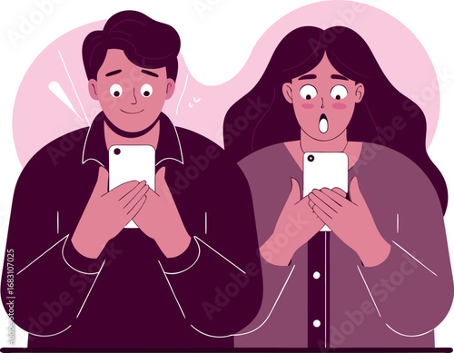 Shocked man and woman staring at their smartphones with astonished expressions illustration