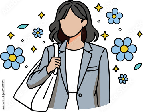 Young woman with bob hair style and blazer carrying a tote bag surrounded by flowers and sparkles illustration