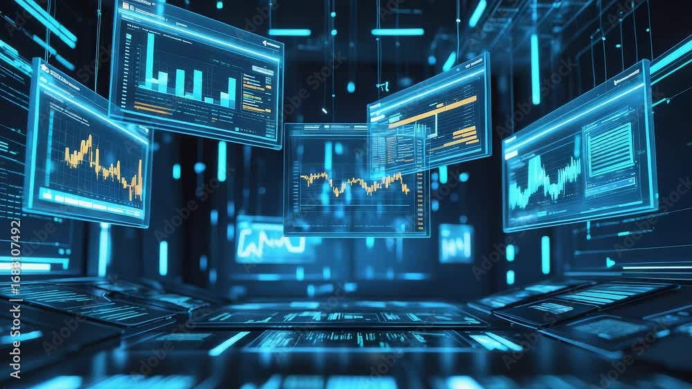 Digital screens with glowing data charts and financial graphs floating in cyber space environment displaying analytics and technology flow