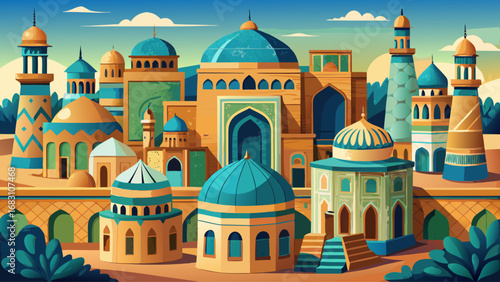 The historic city of Bukhara in Uzbekistan presents timeless Islamic architecture, adorned with turquoise domes, intricate mosaics, ancient madrassas, and peaceful courtyards reflecting the region’s e