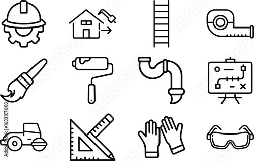 Construction and renovation tools and safety equipment icons vector 8