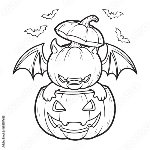 Outline drawing of winged imp within open pumpkin amid bats, transparent background