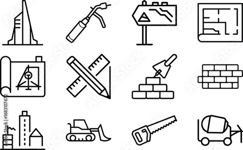 Construction icons building design tools equipment and blueprint vector