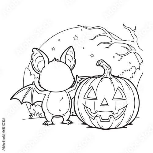 Bat presents festive pumpkin under the starry sky for a whimsical Halloween treat