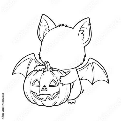 Monochrome cartoon bat embraces a carved pumpkin outlined against a white transparent background