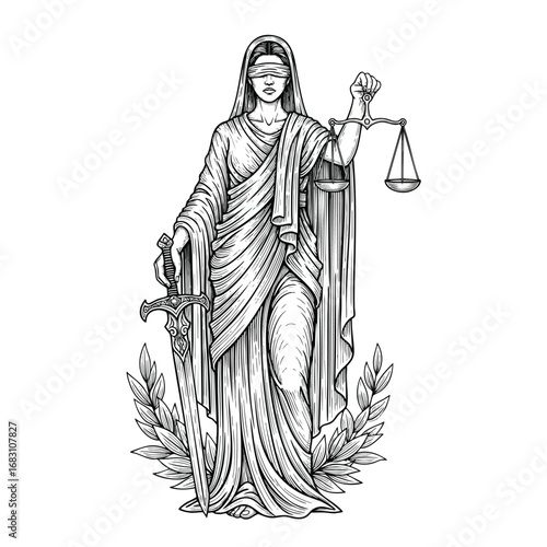 A black and white line art illustration of Lady Justice blindfolded and holding scales and a sword.