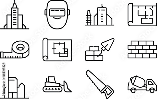 Construction Icons Set Building Tools Machinery and Architecture Elements vector