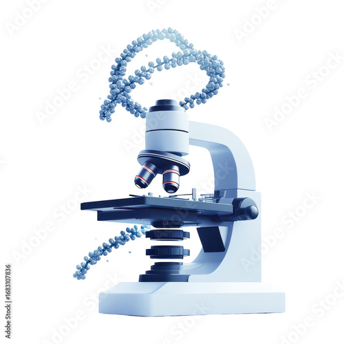 Detailed microscope with dna strand showcasing scientific research and laboratory equipment for medical and biological studies and advancements on transparent background
