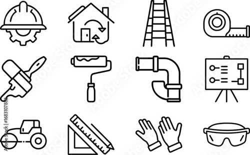 Construction and Home Improvement Tools Icons Set Black Outline building hardhat