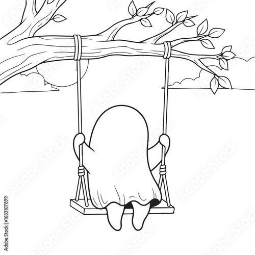 Cartoon ghost enjoys swinging from a tree branch with leafy foliage outlined in black and white