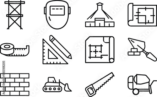 Construction icons including blueprint measuring tape saw bulldozer and cement mixer