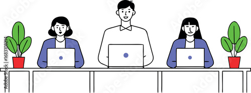 Modern office scene with three people working at desks with laptops and plants illustration