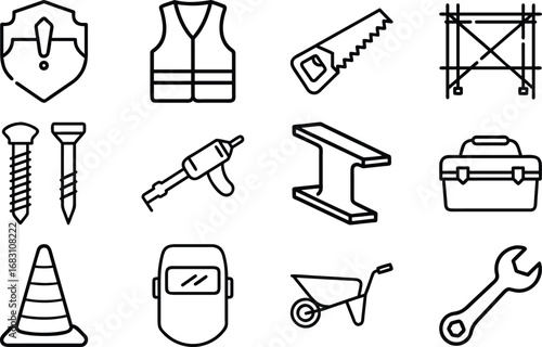 Construction safety vest screws saw scaffolding caulking gun steel beam toolbox vector