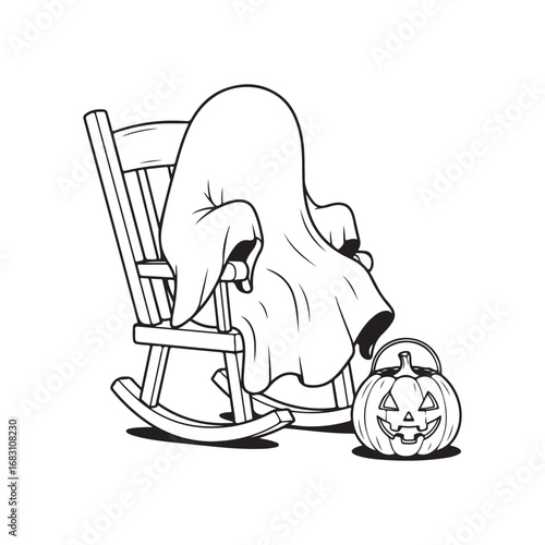 Line drawing shows ghost sitting on a rocking chair next to pumpkin, transparent background