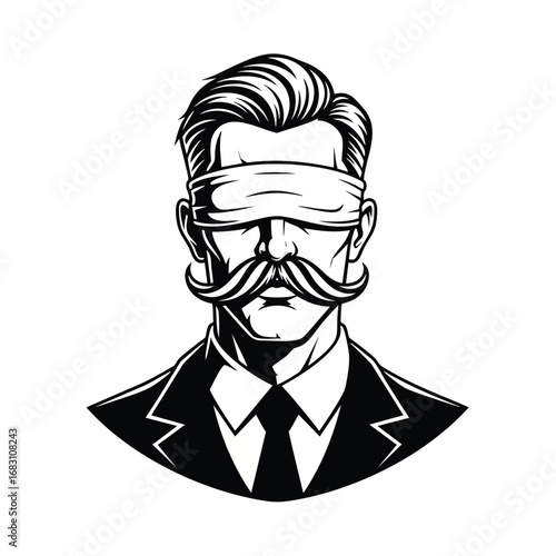 A black and white vector illustration of a blindfolded man with a handlebar mustache wearing a formal suit.