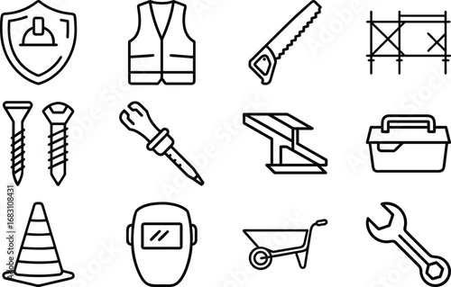 Construction safety vest screws saw scaffolding pipette toolbox welding mask vector