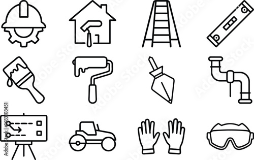 Construction and renovation tools and safety equipment icons vector 3