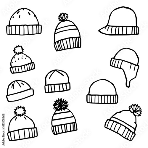 Nine hand-drawn winter hat silhouettes in black, featuring a mix of children's and adults' styles, illustrated in a casual sketchbook style with bold lines and minimal details, showcasing a fun and mi