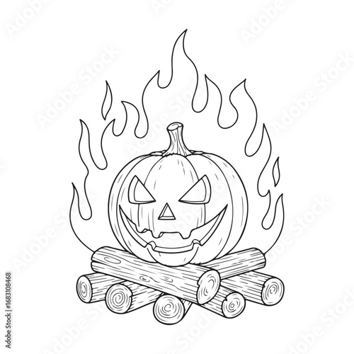 Spooky jackolantern blazes menacingly atop stacked logs amidst fiery outlines, ready for coloring
