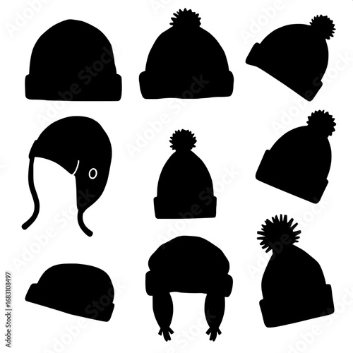 Nine hand-drawn winter hat silhouettes in black, featuring a mix of children's and adults' styles, illustrated in a casual sketchbook style with bold lines and minimal details, showcasing a fun and mi