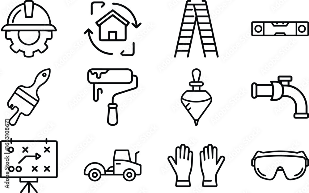 Fototapeta premium Construction and D I Y Tools Icons Set with Safety Gear and Planning Board vector