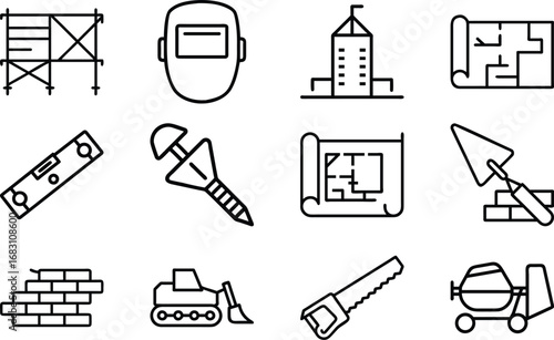 Construction tools and building icons including blueprint and cement mixer vector
