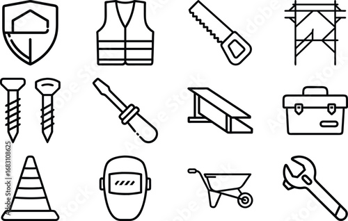 Construction safety vest shield saw scaffolding screws screwdriver steel beam toolbox cone