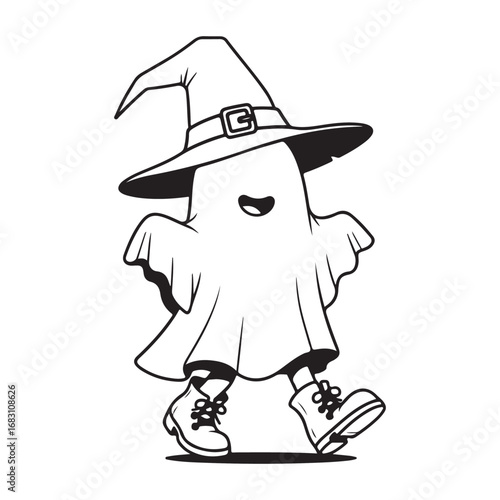 Happy cartoon ghost wearing shoes and a witch hat is walking happily