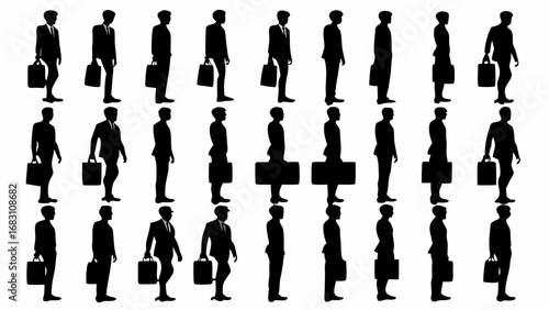 Dynamic silhouettes of traveling business people with briefcases convey professional travel readiness, vector origin