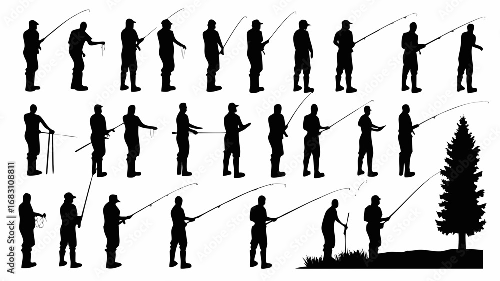Obraz premium Versatile silhouette collection of fishermen casting lines for outdoor adventure and relaxing hobby